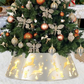 Christmas Tree Collar, 28" Christmas Tree Collars with Lights for Artificial Tree,Reindeer Cutouts Metal Silver Tree Collar for 7.5ft Tree,Xmas Tree Skirt Base Cover Stand for Holiday Decoration