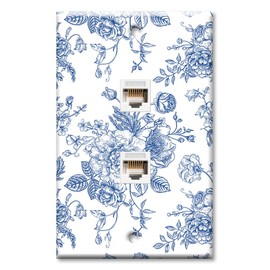 Art Plates - Two Port RJ45 Ethernet decorative printed keystone style wall plate. Works with Cat5 through Cat8 cables. Female to Female Connections. - Blue Flower Line Art