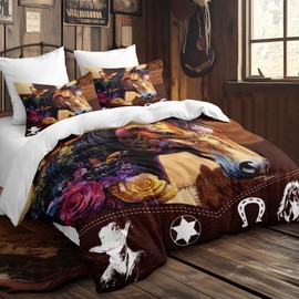 CCoutueChen Cowhide Comforter Set Queen Size, Brown Horse Western Cowboy Lightweight Comforter for Adult, 3Pieces Rustic Country Style Decor Bedding Set for All Season,2 Pillowcases