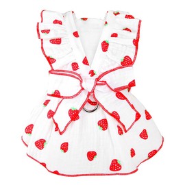 MQQYLBHDS White Dog Dress for Small Dog Girl Spring Puppy Clothes with Bow Strawberry Cat Outfit Doggy Princess Skirt with Leash Ring Summer Pet Apparel (White, Medium)