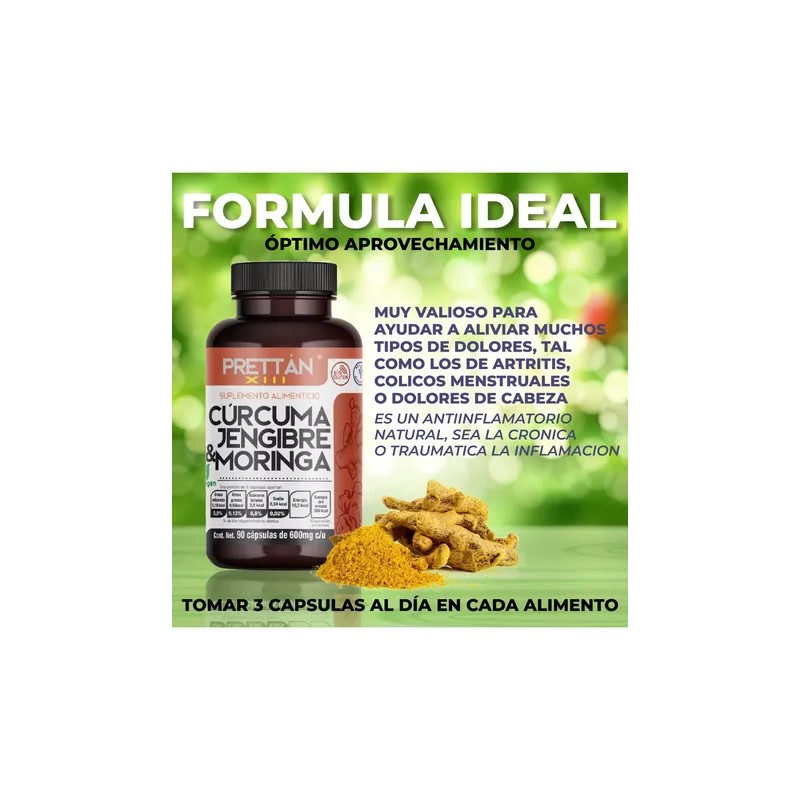 Cúrcuma Jengibre Y Moringa Prettan Suplemento 600mg 90 Caps