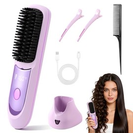 Cepillo Alisador de Pelo Inalámbrico, Cepillo de Alisador de Cabello Inalámbrico Portátil con Pantalla LED,Cepillo Rizador Recargable Por USB para Viajes y Uso Diario(Morado)