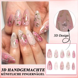 Virellay 3D Handmade Press-On Nails with Charms, Almond False Nails, Full Cover Artificial Fingernails (JP3403 Rose Pink, Pack of 24)