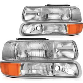 ECCPP Headlight Assembly Pair For Chevy Silverado 1500 2500 1999-2002 For Chevy Suburban 1500 2500 2000-2006 Chrome Housing Amber Reflector Clear Lens Replacement Headlights