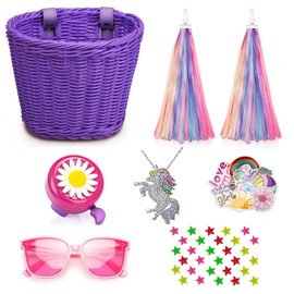 Suerico Kids Bike Basket for Girls,Handlebar Bicycle Basket with Unicorn Necklace,Bike Bell,Streamers,Bike Wheel Bead,Sunglasses,Stickers Bike Decoration Accessories Set