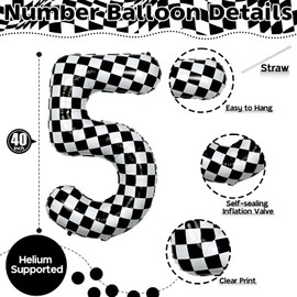 40 Inch Checkered 5 Number Balloons, Large Foil Self Inflating 5th Birthday Racing Balloons Decor, Black and White Checkered 5 Ballons for Boys 5th Birthday Race Car Flag Party Decorations Supplies