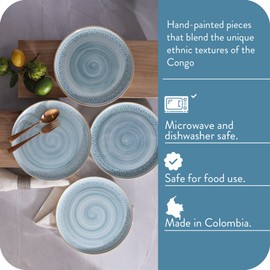 Corona 12-piece Blue Tribal Hand-Painted Details Ceramic Dinnerware Sets | Plates and Bowls | Service For 4 | Congo