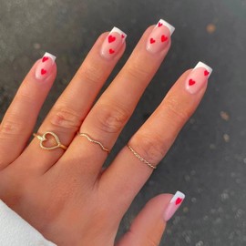 Valentine's Day Heart Press on Nails Short White French Tips Fake Nails Square Valentine's Day Glue on Nails Full Cover Stick on Nails Artificial Nail Art Decorations Acrylic False Nails for Woemn