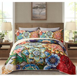 3 Piece Boho Floral Quilt Sets King Size Colorful Bohemian Contemporary Flower Microfiber Bedding Set Vibrant Bright Soft Lightweight Comforter Bedspread Coverlet (106''x96'') with 2 Shams (36"x 20")