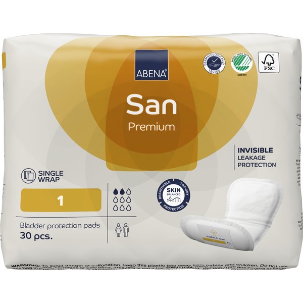 Abena San 1 Premium Incontinence Pads for Men and Women, Suitable as Sanitary Pads, Incontinence Pads for Men, Postpartum Pads, Panty Liners, Pads for Women, 200 ml Absorbency, 30