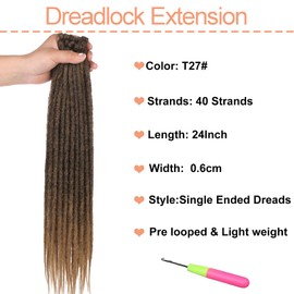 Mscat 24 Inch Ombre Honey Blonde Dreadlock Extensions 40 Strands SE Crochet Dreadls Extensions of Synthetic Hair 0.6cm Width Hip Hop Style Dreadlock for Girls