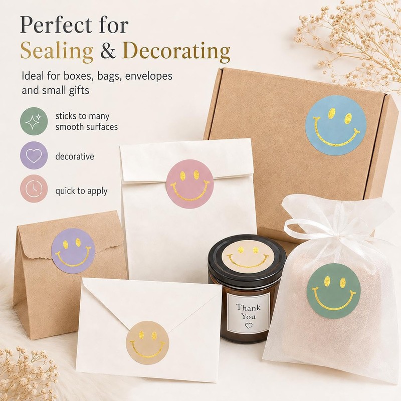 60 Pcs Gold Foil Happy Face Stickers, 2 inch Smiley