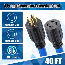 Kanayu 40 FT 4 Prong 30 Amp Generator Extension Cord Compatible with NEMA L14-30P/L14-30R 10 Gauge Flat Generator Power Locking Cable Heavy Duty for Manual Transfer Switch 125/250V 7500W, ETL Listed