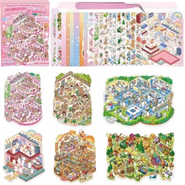 6 Sets Large Size Fun 3D Sticker Scene Miniature House Stickers with Tweezers, 3D House Stickers DIY Home House Scene Sticker Book, Stickers Therapy Relief Stress for Adults and Children