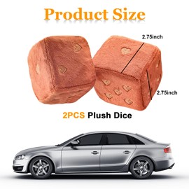 Ziciner Pair Fuzzy Plush Dice for Car Mirror, 3'' Retro Square Dice with Heart-Shape, Auto Rearview Mirror Hanging Ornament Decoration, Universal Car Accessories for Women (Coffee)
