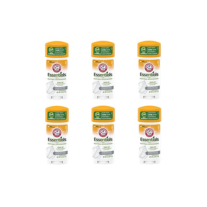 Arm & Hammer Essentials Solid Deodorant, Unscented,2.5 oz, 6 Count