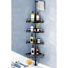HAMITOR Corner Shower Caddy Tension Pole: Adjustable Stainless Steel Shower Organizer 4 Tier Shelf for Bathroom Bathtub Shampoo - Floor Standing Rack Bath Storage Holder with Rust Proof Rods - Black