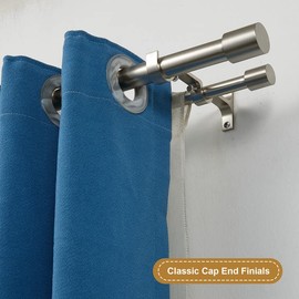 Double Curtain Rods 72-144", Brushed Nickel Double Curtain Rods with Cap Finials, Adjustable Double Window Rods, 1 Inch Front and 5/8 Inch Back Double Drapery Rod, Brushed Nickel Dual Curtain Rods