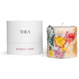 Thea Flora Botanical Candle “Mahogany Teakwood” Hand Poured with 100% Soy Wax & Essential Oil Designed with Natural Dried Flowers Aromatherapy Home-Decor