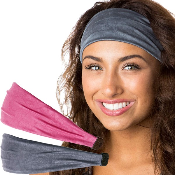 Hipsy Adjustable & Stretchy Crushed Xflex Wide Headbands for Women Girls & Teens (D Grey & Rose Crushed 2pk)
