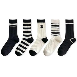 FORJMMP 5/10 Pairs Retro Style Striped Socks, Crew socks for Women, Athletic Quarter Calf Socks (5 Pairs-Black)