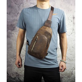 Le'aokuu Men Outdoor Casual Travel Hiking Tea Crossbody Chest Sling Bag Rig One Shoulder Strap Bag Backpack Men Leather (8005 brown 1)