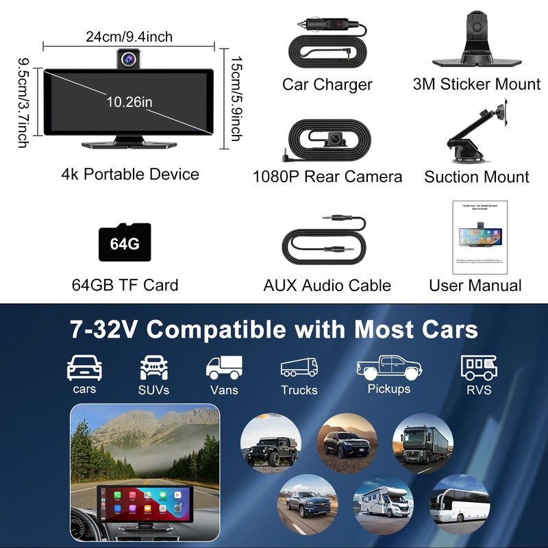 10.26'' Wireless CarPlay Screen for car with Rotatable 4K Dash