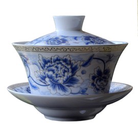 Gaiwan Blue White Peony Gongfu Tea Ceramic Tureen Teacup Sancai Cover Bowl Lip Saucer Set for Coffee Tea Espresso (10 oz /300cc)