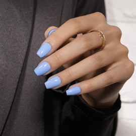 KQueenest Light Blue Press On Nails Short - Summer Press On Nails Coffin, Sheer Sky Blue Fake Nails with Glue, Glossy Opaque, Ballerina Reusable Soft Gel Glue on Nails for Women, 30 Pcs