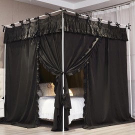 NXGIO Ruffle Lace up 4 Corners Post Princess Curtain Bed Canopy Cozy Breathable Mosquito Net Cloth for Girls Adults Bedroom Decoration (Black, 78" W*86" L*82" H/King)