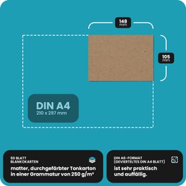 Netuno Pack of 50 Bristol Cardboard, Natural Brown, DIN A6, 105 x 148 mm, 340 g, Kraft Cardboard, Brown Cards for Crafts, Creative Cardboard, Sheets Set, Thick Cardboard Paper, Coloured Paper, Eco