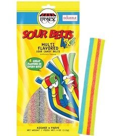 DOUzzle Back To School Sour Belts Chewy Candy Strips 4x4 Multi Flavored (4 OZ - 1 Pack) Goodie Bag Stuffer, Pinata Filler - Kosher Parve