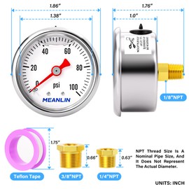 MEANLIN MEASURE 0100Psi Stainless Steel 1.5" Face Dial, Glycerin Filled Pressure Gauge, Liquid Filled, Water Oil Air, Back Mount, with 1/8" x 1/4" NPT and 1/8" x 3/8" NPT Hex Bushing
