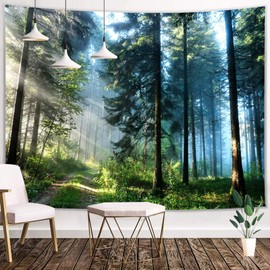 CASMON Misty Forest Tapestry, Gold Sunshine through Jungle Nature Landscape Wall Hanging for Living Room Bedroom Dorm Décor (59.1"×82.7")