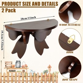Pinkunn 2 Pcs Bow Floating Shelves 11 Inch Kawaii Shelf Book Stand Farmhouse Rustic Corner Wall Shelf Wooden Bow Tie Rack Princess Room Decor for Nursery Home Bedroom Office Wall Decor(Brown)