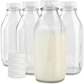 Liter Glass Milk Bottles (2 Pack) - 32-Oz Jars with Lids - Food Grade Bottle - Dishwasher Safe, Buttermilk, Honey, Maple Syrup, Jam, BBQ Sauce - Package Quantity: 4, Size: 64 Ounces