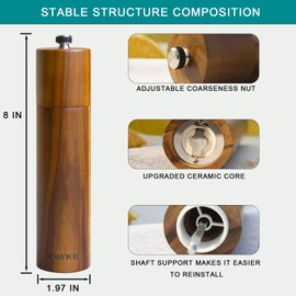 Yvake Wooden Salt and Pepper Grinder,8 Inch Manual Salt and Pepper Mill, Adjustable Coarseness and Refillable,Acacia Wood Pepper shakers for your kitchen