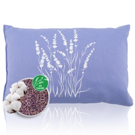 HERBALIND Lavender Pillow 30 x 20 cm - Scented Cushion with Lavender Blossoms and New Sheep's Wool, Design Lavender Bush on Lavender Blue, Cotton Cover