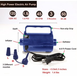 Electric Air Pump for Inflatable Pool Toys - High Power Quick-Fill Air Mattress Inflator Deflator Pump for Pool Float Raft Airbed with 3 Nozzles, 320W, 110V AC, 1.6PSI, Air Flow 26CFM