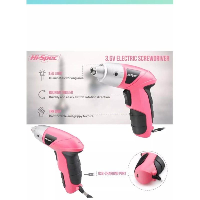 Hi-Spec Electric Screwdriver 27pcs 3.6V Pink USB Small Power Rechargerable