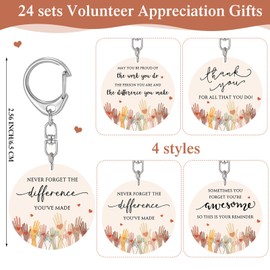 Sureio 24 Set Volunteer Appreciation Gift Thank You Keychain Bulk with Cards and Bag for Volunteer Employee Gift, 4 Styles