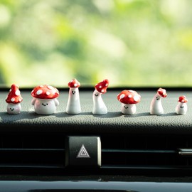 Rislobx 7PCS Red Mushroom Car Dashboard Decorations, Cute Mushroom Decor for Women Rear View Mirror Ornament Cute Car Decor Interior Dashboard Accessories for Home Office