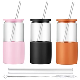 Sunseeke Glass Tumbler with Straw and Lid, 16oz Ice Coffee Cup, Silicone Sleeve Cleaning Brushes, Drinking Glasses for Water, Iced Coffee, Smoothie - BPA Free -3Pack
