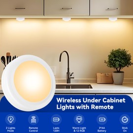 Aokpsrt Puck Lights with Remote Control, AA Battery Operated Light, 13 Color Tap Lights, Dimmer& Timer Under Cabinet Lamps, Under Counter Push for Kitchen, White 3Pcs