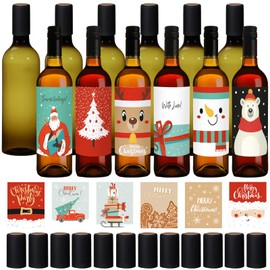 Maxcheck 12 Pcs 25 oz Christmas Plastic Wine Bottles Set with Shrink Capsules and Label Stickers Airtight 750ml Empty Clear Liquor Bottles with Lid Brewing for Wine Making Homemade Xmas Gift(Bright)