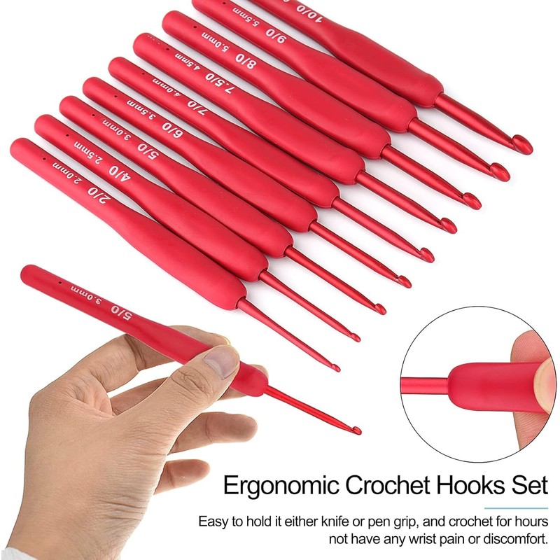9Pcs Premium Ergonomic Crochet Hooks Set with Soft Grip Handles