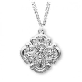 HMH Religious Sterling Silver 4-Way 0.9" Cross, Sacred Heart Ctr, 24" Chain, Gift Box, US Made