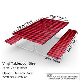 BBTO 3 Pieces Vinyl Picnic Table and Bench Fitted Tablecloth Cover 72" x 30" Waterproof Elastic Table Cover Flannel Backed Table Cloth Rectangular Fitted Cover for Table (Plaid Pattern)