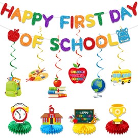 BZBAIS Glittery Happy First Day of School Banner Colorful Back to School Hanging Swril Decorations First Day of School Honeycomb Centerpieces Welcome Back to School Party Classroom Decorations
