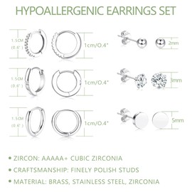 Dochais 6 Pairs Silver Earrings for Women, 14K Gold Plated Hypoallergenic Small Stud Earrings with Zirconia, Gold Huggie Hoop Sleeper Earrings Set for Multiple Piercings